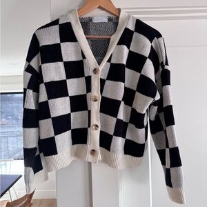 Oak + Fort Black and Cream Checker Knit Cardigan Sweater size medium